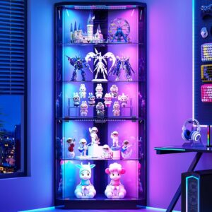 Lvifur 5-Tiers Corner Display Cabinet with RGB Light for Collectibles,Black | 69" Tall Curio Cabinet Display Case with Lock, Showcase Display Shelf for Books,Collectibles,Liquor,Living Room,E-sports room