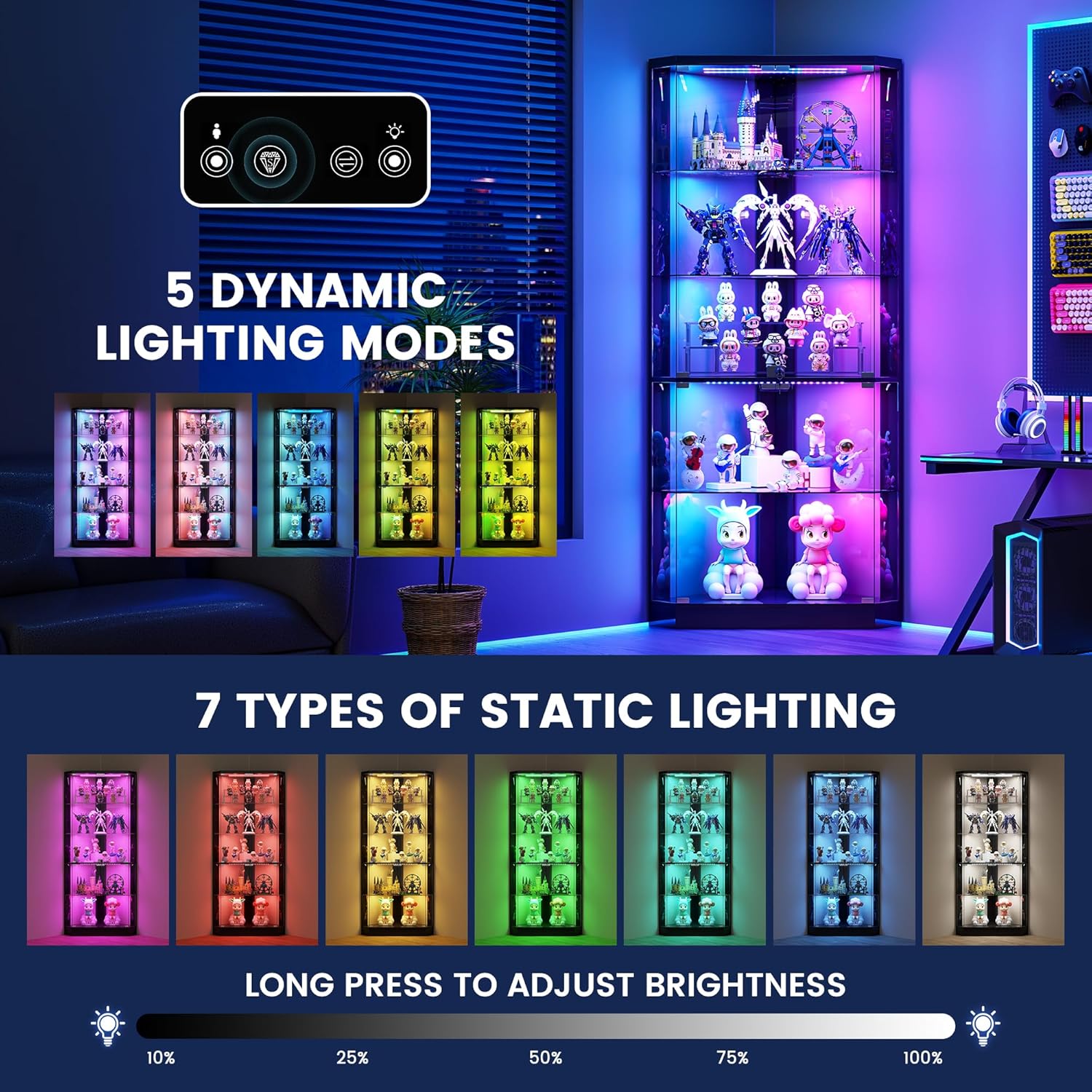 Lvifur 5-Tiers Corner Display Cabinet with RGB Light for Collectibles,Black | 69" Tall Curio Cabinet Display Case with Lock, Showcase Display Shelf for Books,Collectibles,Liquor,Living Room,E-sports room - Image 3