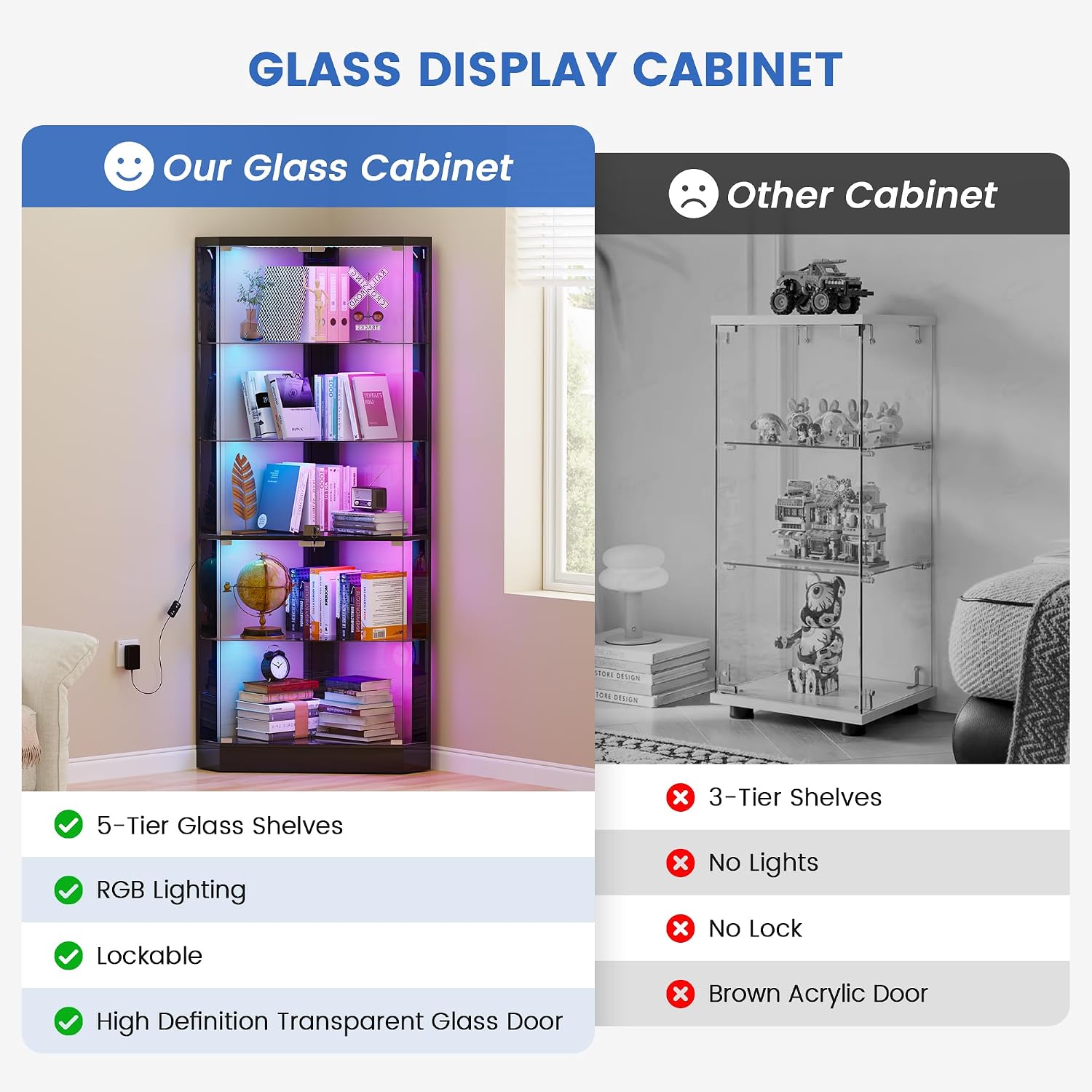 Lvifur 5-Tiers Corner Display Cabinet with RGB Light for Collectibles,Black | 69" Tall Curio Cabinet Display Case with Lock, Showcase Display Shelf for Books,Collectibles,Liquor,Living Room,E-sports room - Image 5