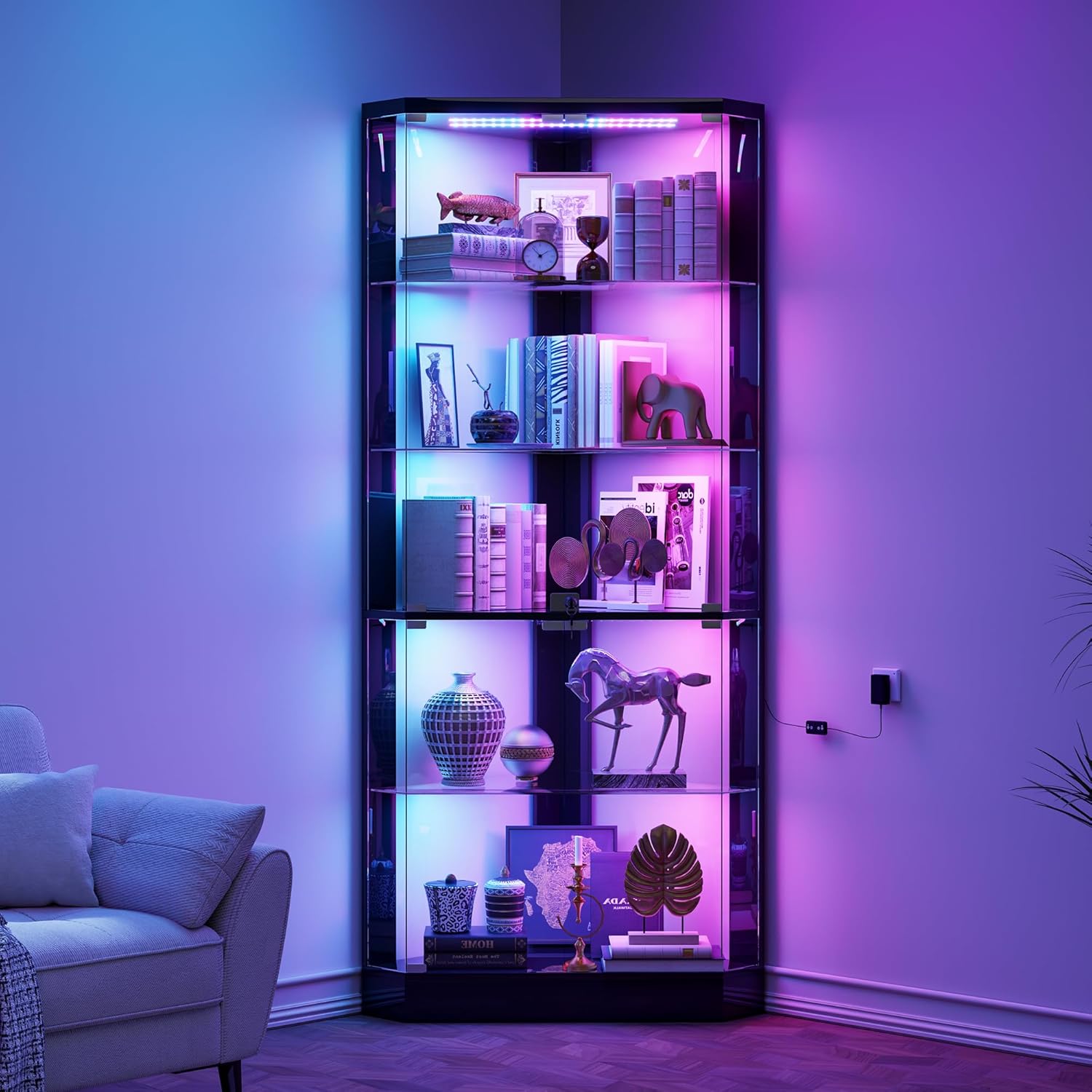 Lvifur 5-Tiers Corner Display Cabinet with RGB Light for Collectibles,Black | 69" Tall Curio Cabinet Display Case with Lock, Showcase Display Shelf for Books,Collectibles,Liquor,Living Room,E-sports room - Image 9