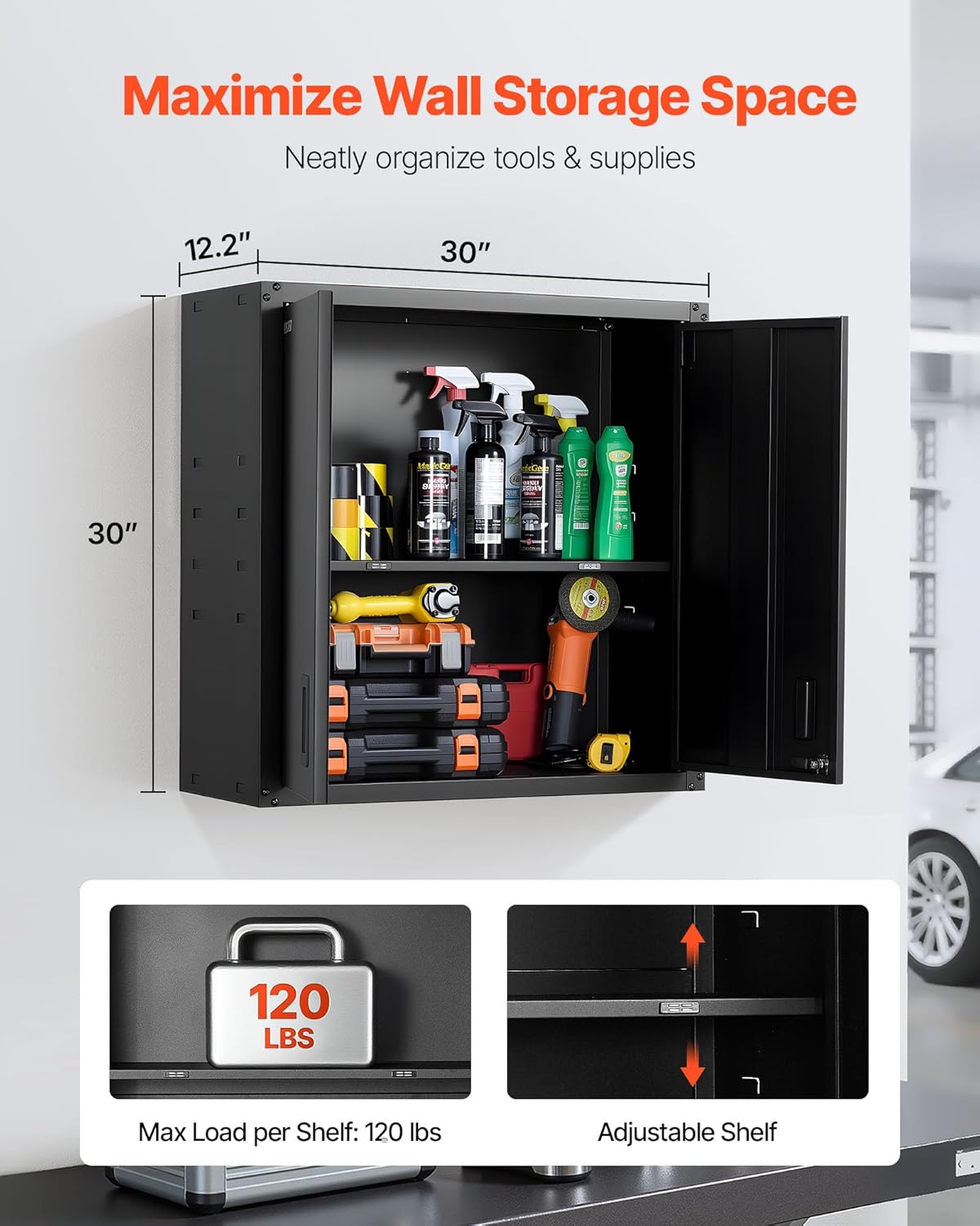 VEVOR Metal Wall Cabinet, 30W x 12.2D x 30H Inch, Steel Floating Hanging Storage Cabinet with Locking Doors and Adjustable Shelf for Garage, Basement, Kitchen, Warehouse Assembly Required, Black - Image 3