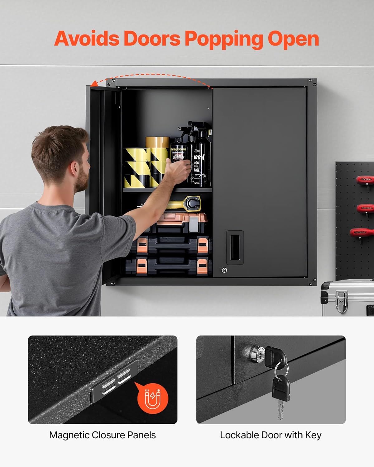 VEVOR Metal Wall Cabinet, 30W x 12.2D x 30H Inch, Steel Floating Hanging Storage Cabinet with Locking Doors and Adjustable Shelf for Garage, Basement, Kitchen, Warehouse Assembly Required, Black - Image 5