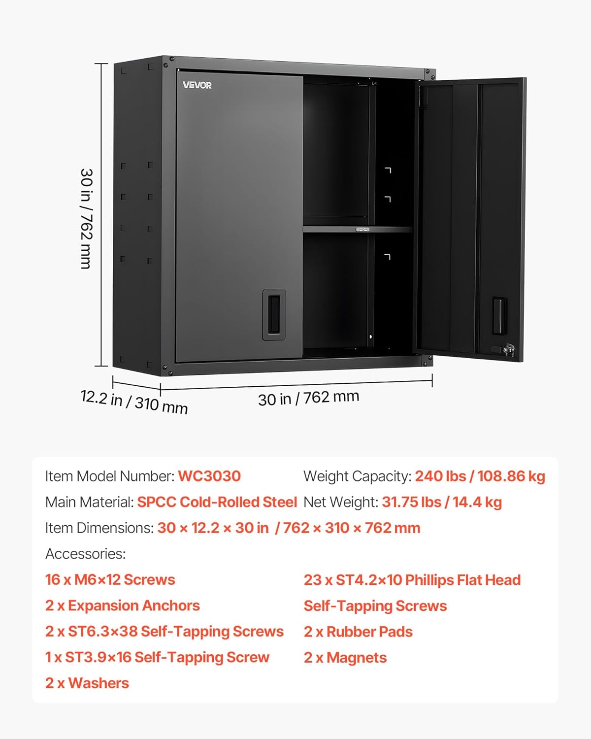 VEVOR Metal Wall Cabinet, 30W x 12.2D x 30H Inch, Steel Floating Hanging Storage Cabinet with Locking Doors and Adjustable Shelf for Garage, Basement, Kitchen, Warehouse Assembly Required, Black - Image 8