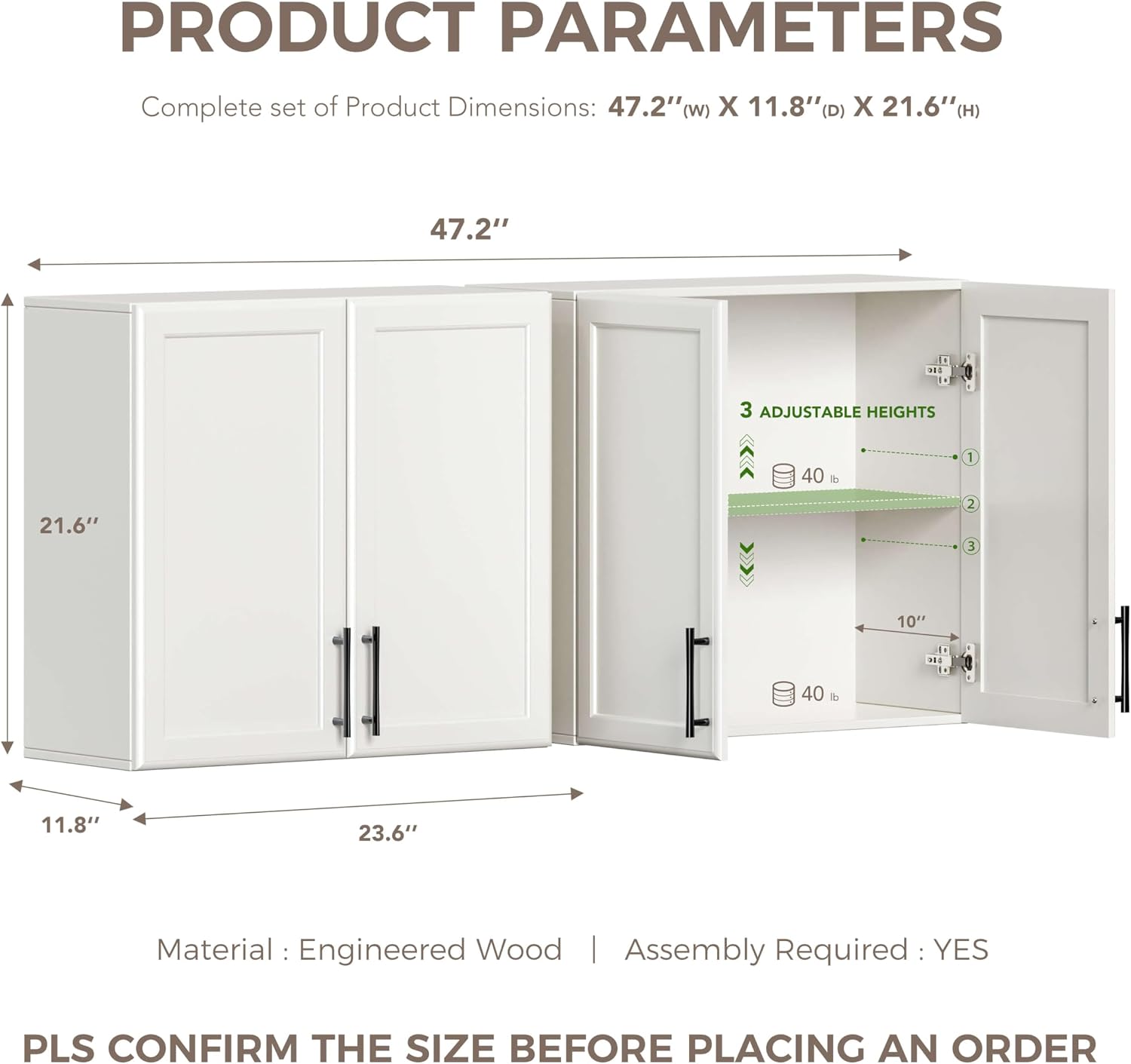 Furnaza 48" W Wall Cabinets for Laundry Room with Adjustable Shelf | White Upper Kitchen Wall Mounted Cabinets With Two Shaker Doors for Bathroom,Garage,12"D x 22"H,Floating Hanging Storage - Image 3