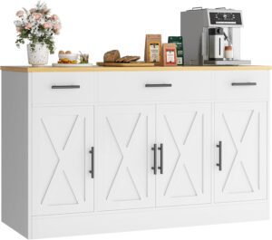 Vongrasig Buffet Cabinet with Storage, Farmhouse Coffee Bar Cabinet with Drawers, 53” Large Modern Sideboard Buffet with Adjustable Shelves for Kitchen, Dining Room, White