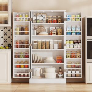 kepptory 47" Kitchen Pantry Cabinet, Freestanding Tall Storage Cabinet with Doors and Adjustable Shelves, Large Food Storage Organizer for Kitchen, Dining Room, Living Room, Farmhouse Cupboard, White
