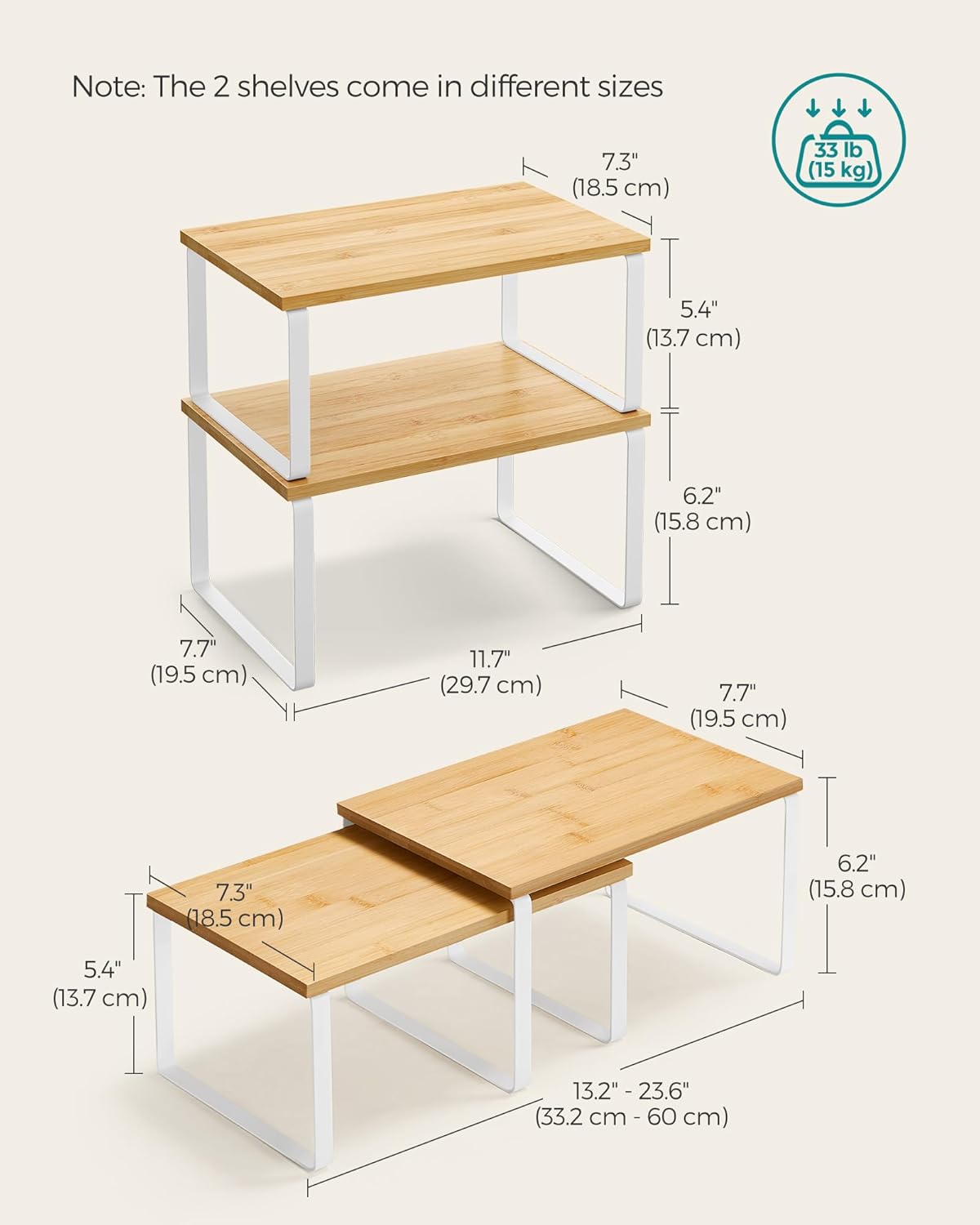 SONGMICS Cabinet Organizer Shelf, Set of 4 Kitchen Counter Shelves, Kitchen Storage, Spice Rack, Stackable, Expandable, Metal and Engineered Wood, Cloud White and Natural Beige UKCS010N01 - Image 2