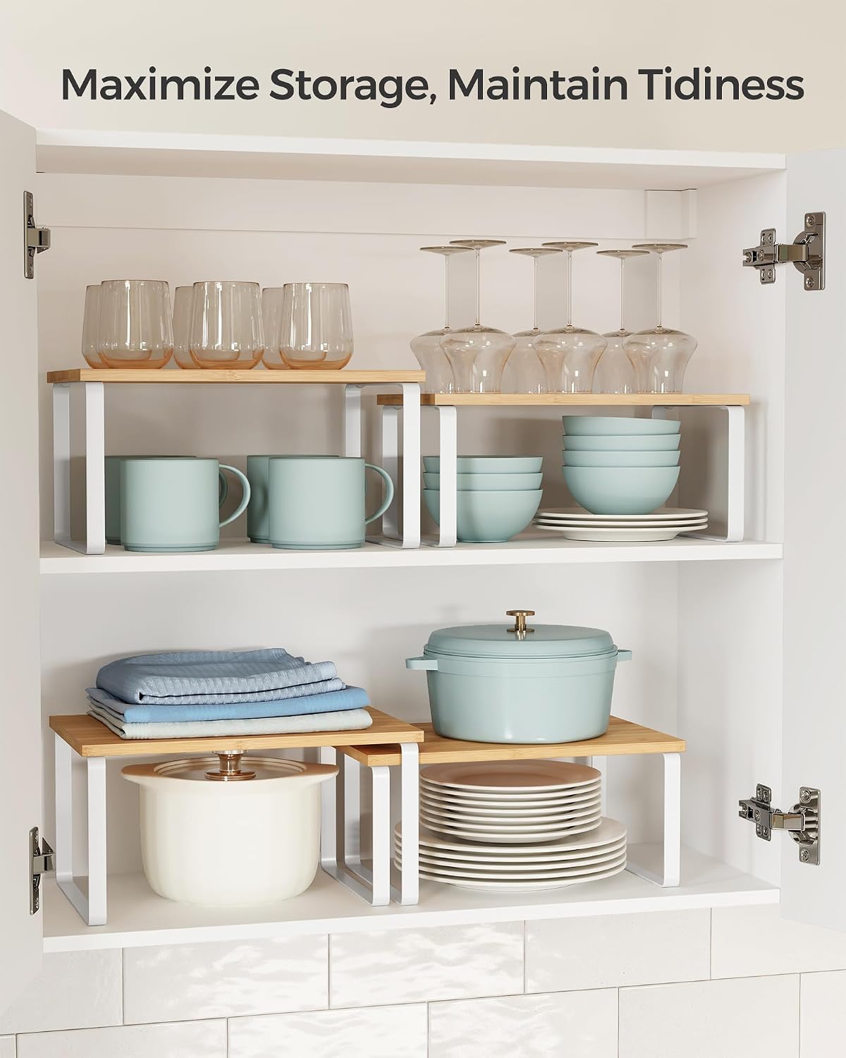 SONGMICS Cabinet Organizer Shelf, Set of 4 Kitchen Counter Shelves, Kitchen Storage, Spice Rack, Stackable, Expandable, Metal and Engineered Wood, Cloud White and Natural Beige UKCS010N01 - Image 4