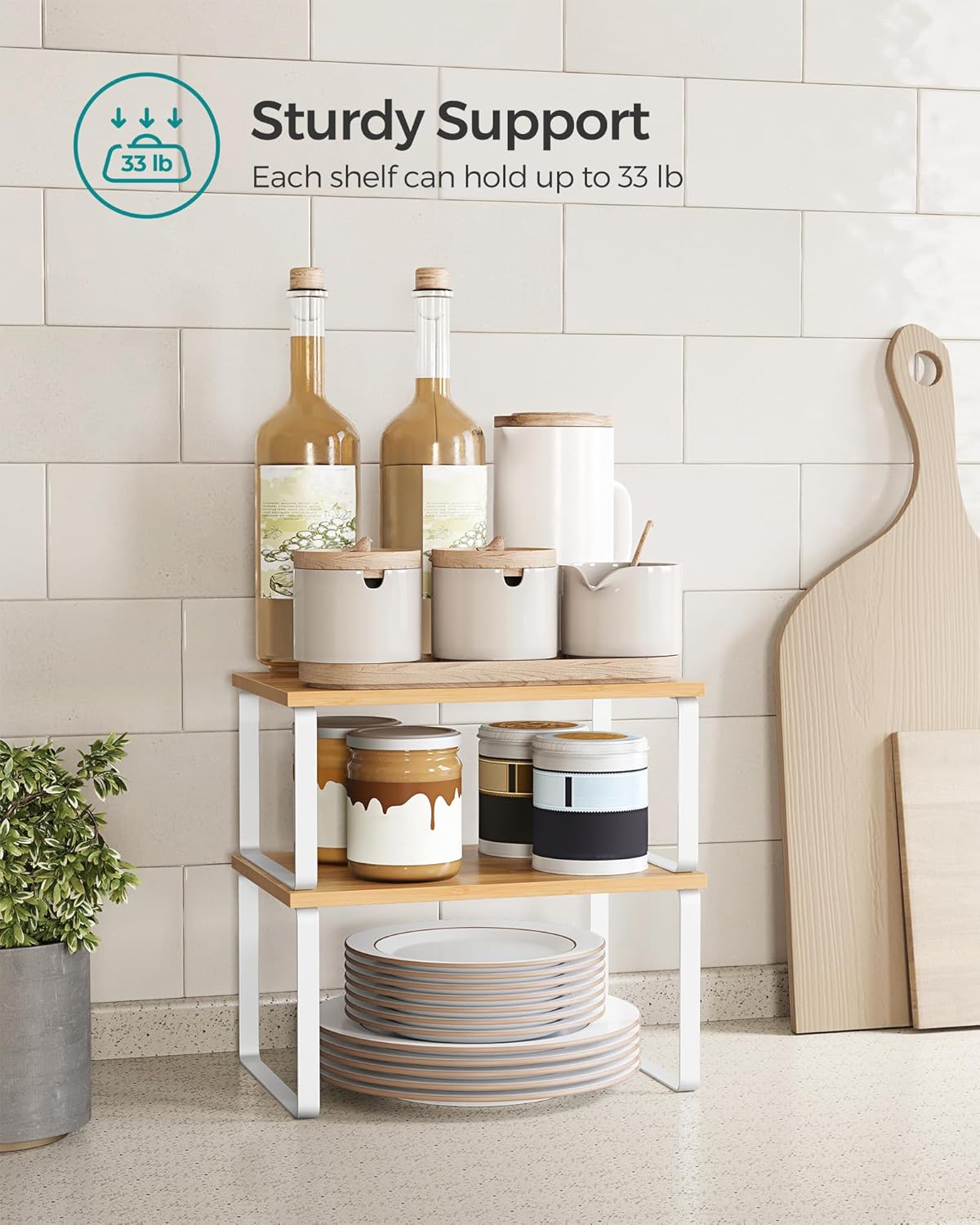 SONGMICS Cabinet Organizer Shelf, Set of 4 Kitchen Counter Shelves, Kitchen Storage, Spice Rack, Stackable, Expandable, Metal and Engineered Wood, Cloud White and Natural Beige UKCS010N01 - Image 5