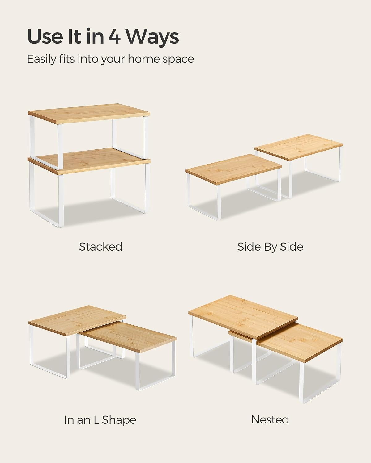 SONGMICS Cabinet Organizer Shelf, Set of 4 Kitchen Counter Shelves, Kitchen Storage, Spice Rack, Stackable, Expandable, Metal and Engineered Wood, Cloud White and Natural Beige UKCS010N01 - Image 7