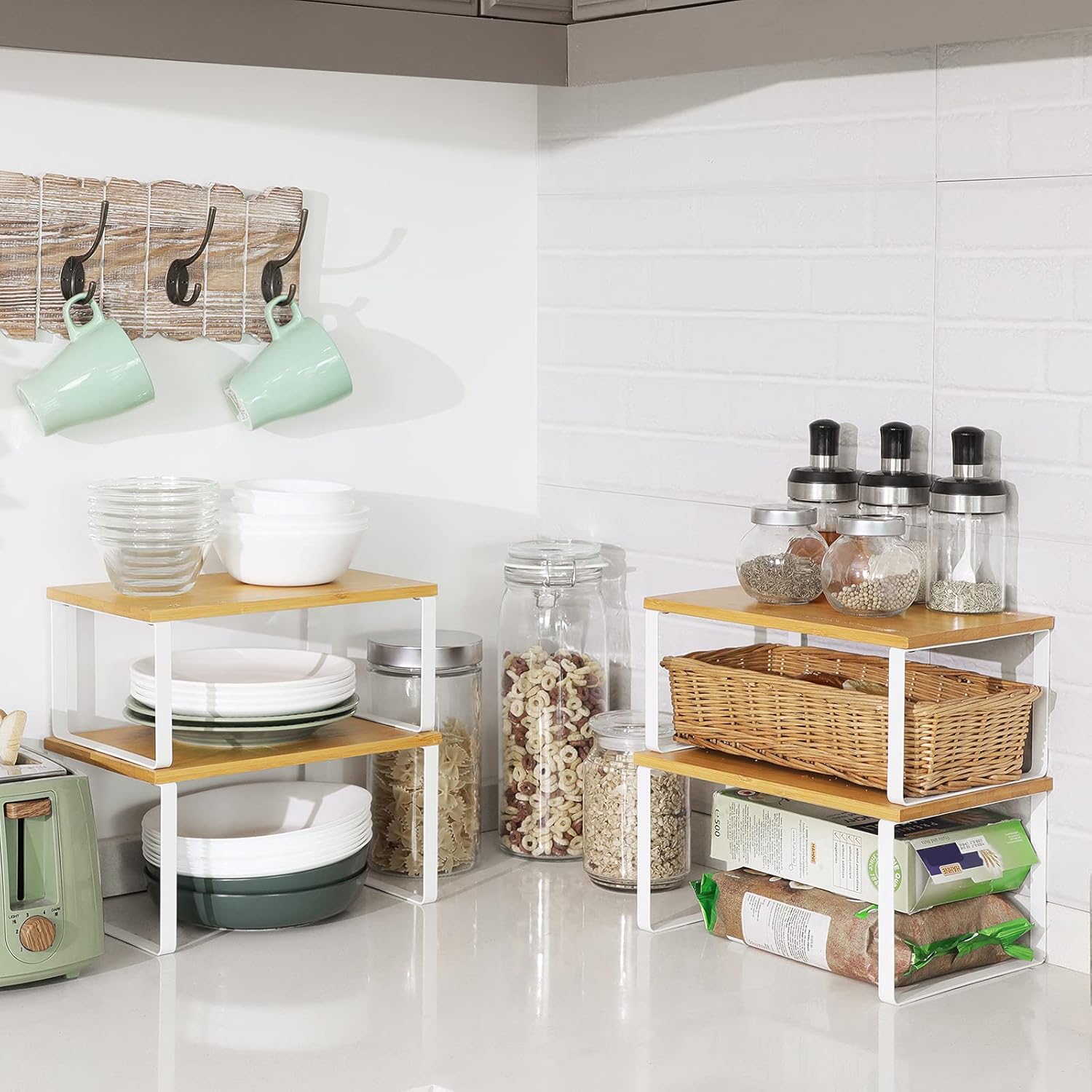 SONGMICS Cabinet Organizer Shelf, Set of 4 Kitchen Counter Shelves, Kitchen Storage, Spice Rack, Stackable, Expandable, Metal and Engineered Wood, Cloud White and Natural Beige UKCS010N01 - Image 8