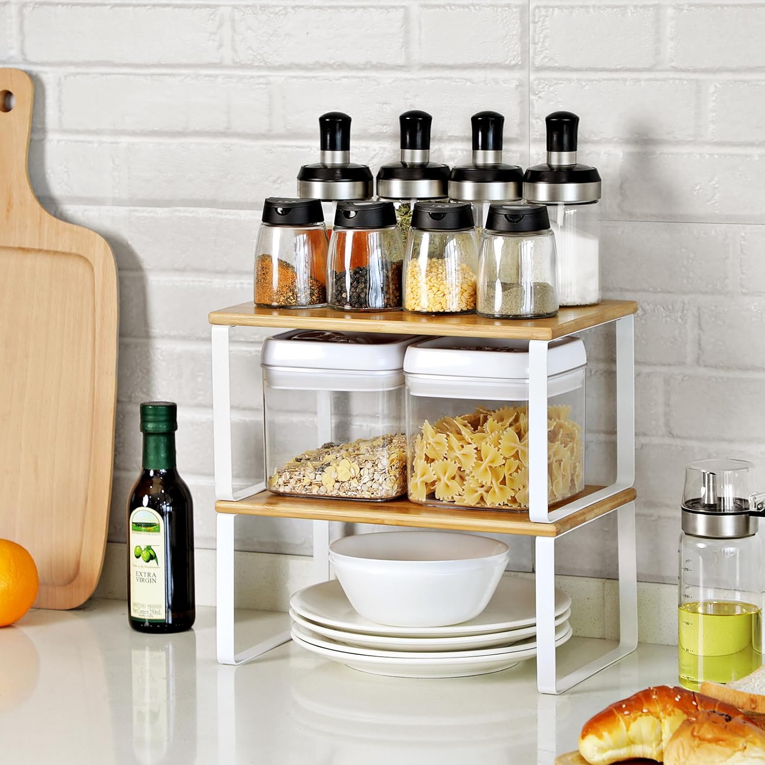 SONGMICS Cabinet Organizer Shelf, Set of 4 Kitchen Counter Shelves, Kitchen Storage, Spice Rack, Stackable, Expandable, Metal and Engineered Wood, Cloud White and Natural Beige UKCS010N01 - Image 9