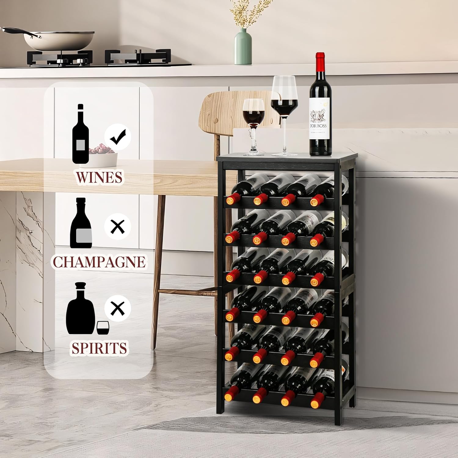 VASMIA Wine Rack Freestanding Floor, 6-Tier Display Wine Storage Shelves with Table Top, 24-Botttle Bamboo Wine Rack Shelf for Kitchen Bar Dining Room Living Room, Black - Image 2
