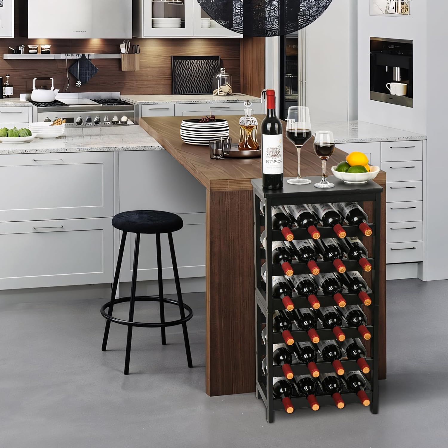 VASMIA Wine Rack Freestanding Floor, 6-Tier Display Wine Storage Shelves with Table Top, 24-Botttle Bamboo Wine Rack Shelf for Kitchen Bar Dining Room Living Room, Black - Image 3