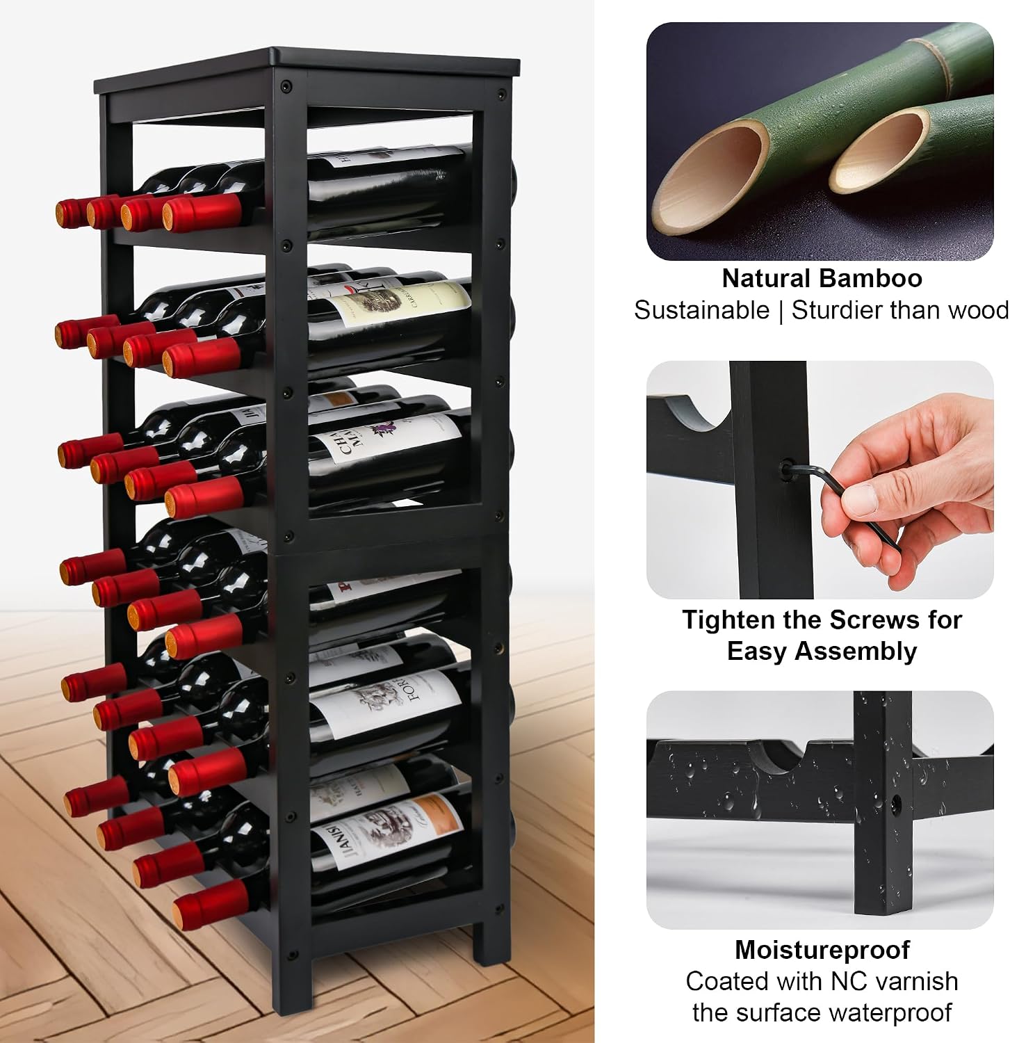 VASMIA Wine Rack Freestanding Floor, 6-Tier Display Wine Storage Shelves with Table Top, 24-Botttle Bamboo Wine Rack Shelf for Kitchen Bar Dining Room Living Room, Black - Image 4