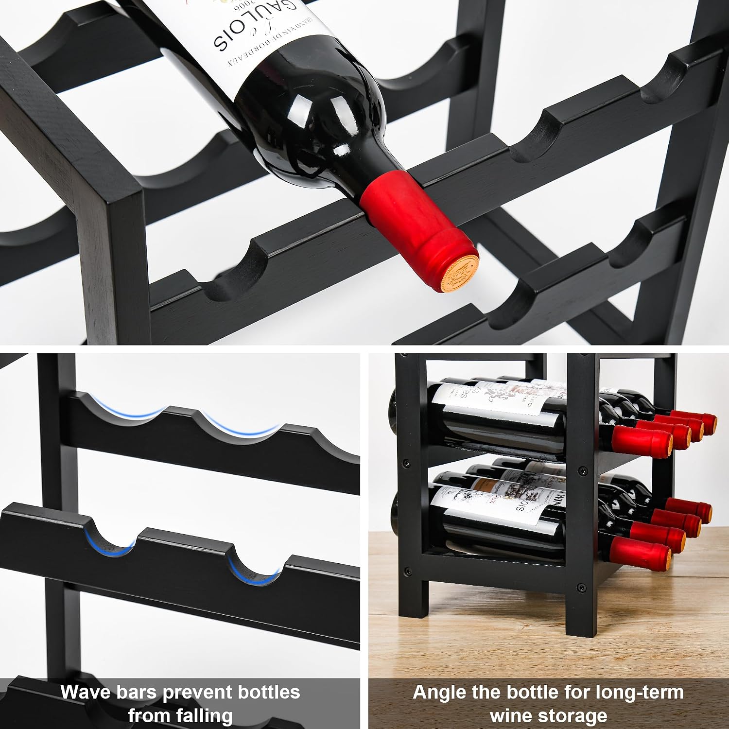 VASMIA Wine Rack Freestanding Floor, 6-Tier Display Wine Storage Shelves with Table Top, 24-Botttle Bamboo Wine Rack Shelf for Kitchen Bar Dining Room Living Room, Black - Image 5