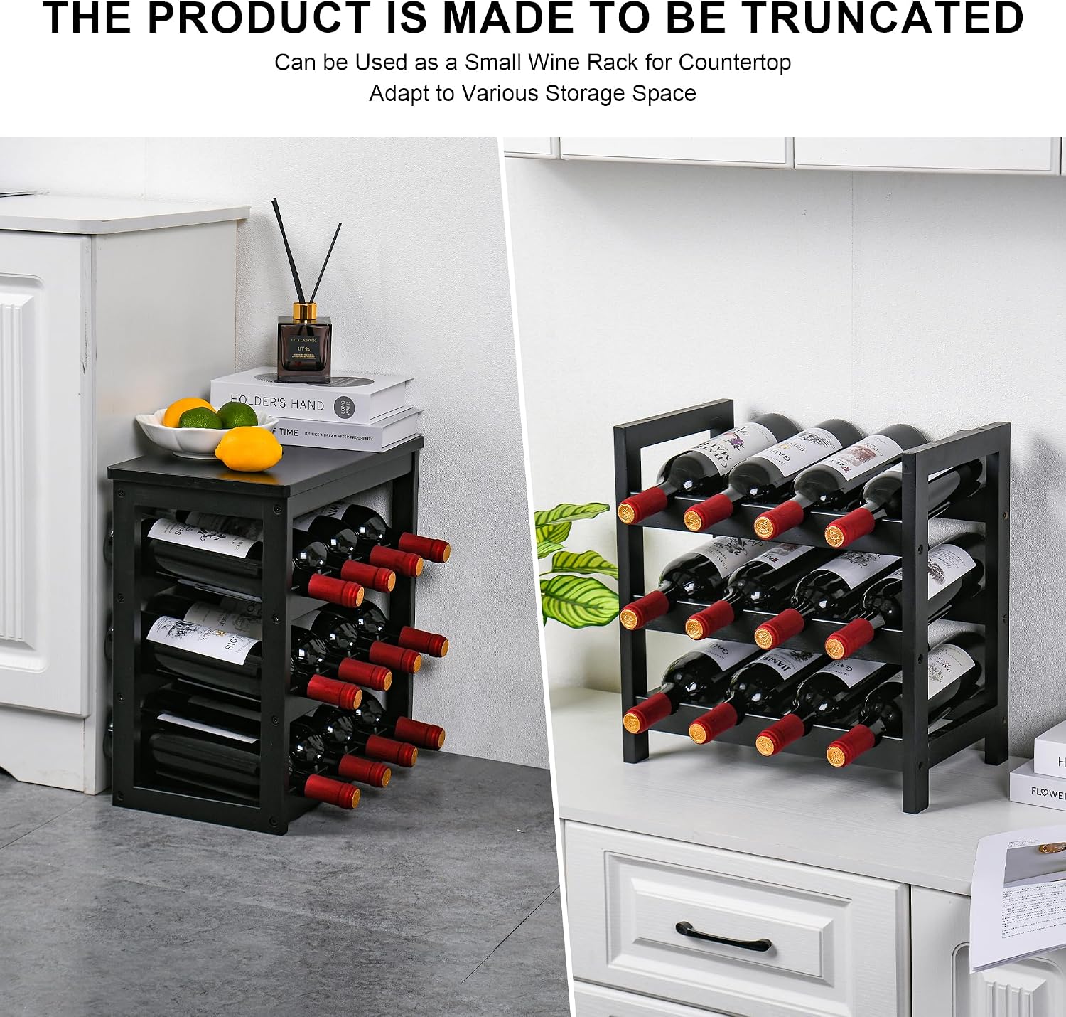 VASMIA Wine Rack Freestanding Floor, 6-Tier Display Wine Storage Shelves with Table Top, 24-Botttle Bamboo Wine Rack Shelf for Kitchen Bar Dining Room Living Room, Black - Image 6