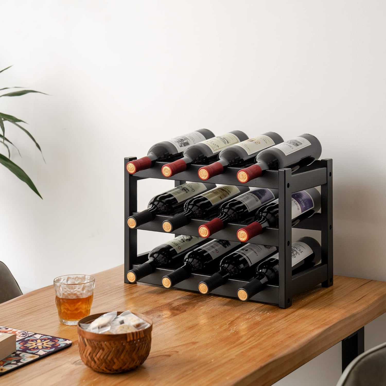 VASMIA Bamboo Wine Rack, Sturdy and Durable Wine Storage Cabinet Shelf, Wine Racks Countertop for Pantry,Kitchen,3-Tier 12 Bottles Wine Rack Black - Image 2