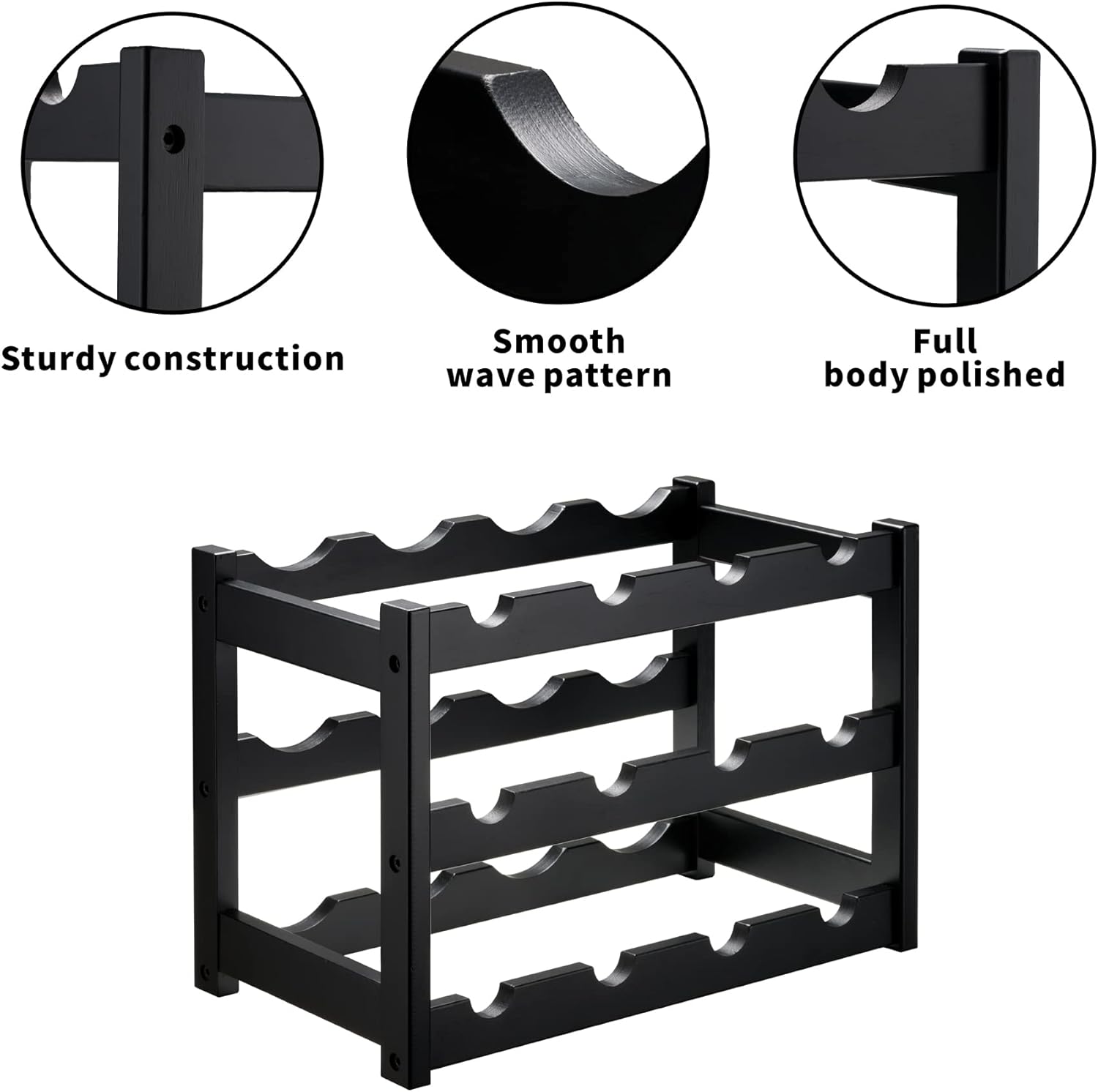 VASMIA Bamboo Wine Rack, Sturdy and Durable Wine Storage Cabinet Shelf, Wine Racks Countertop for Pantry,Kitchen,3-Tier 12 Bottles Wine Rack Black - Image 3