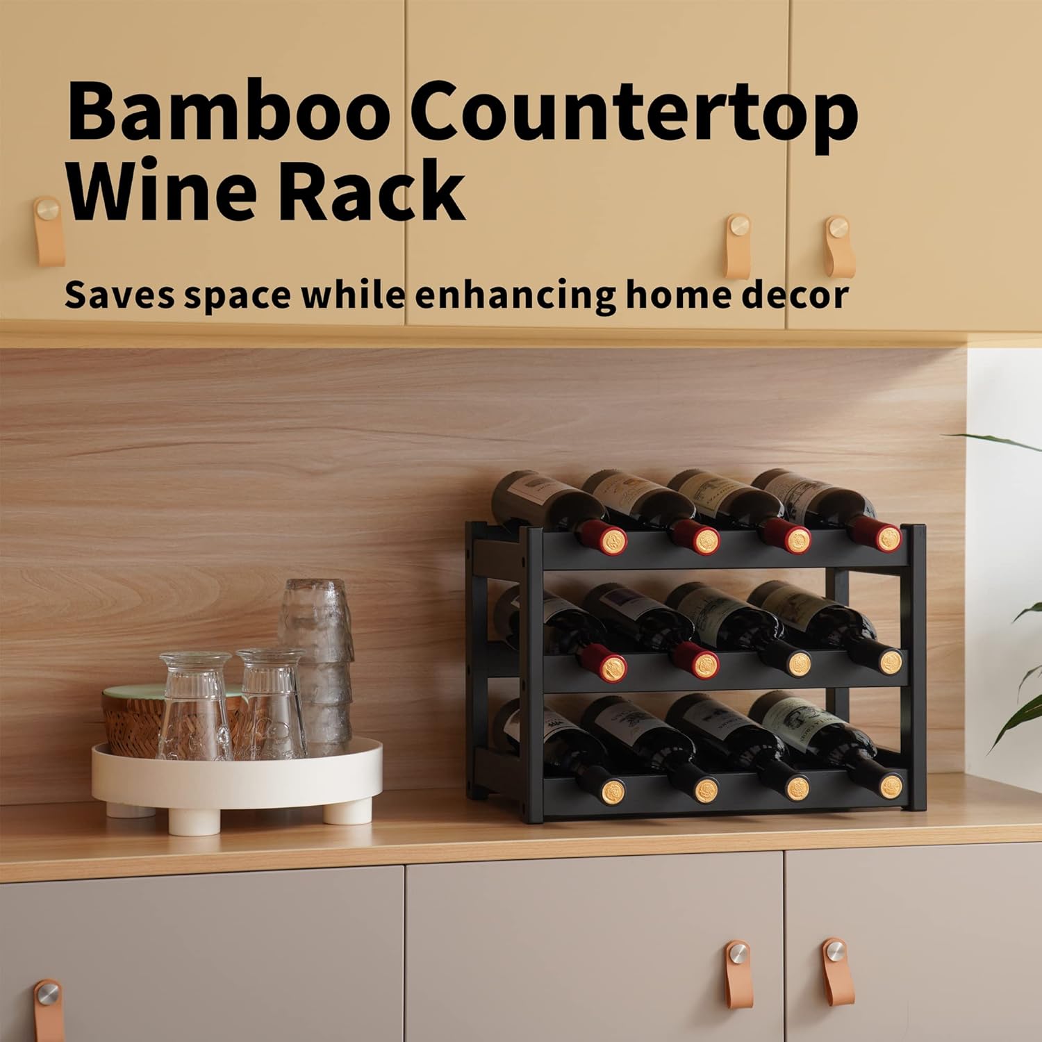 VASMIA Bamboo Wine Rack, Sturdy and Durable Wine Storage Cabinet Shelf, Wine Racks Countertop for Pantry,Kitchen,3-Tier 12 Bottles Wine Rack Black - Image 4