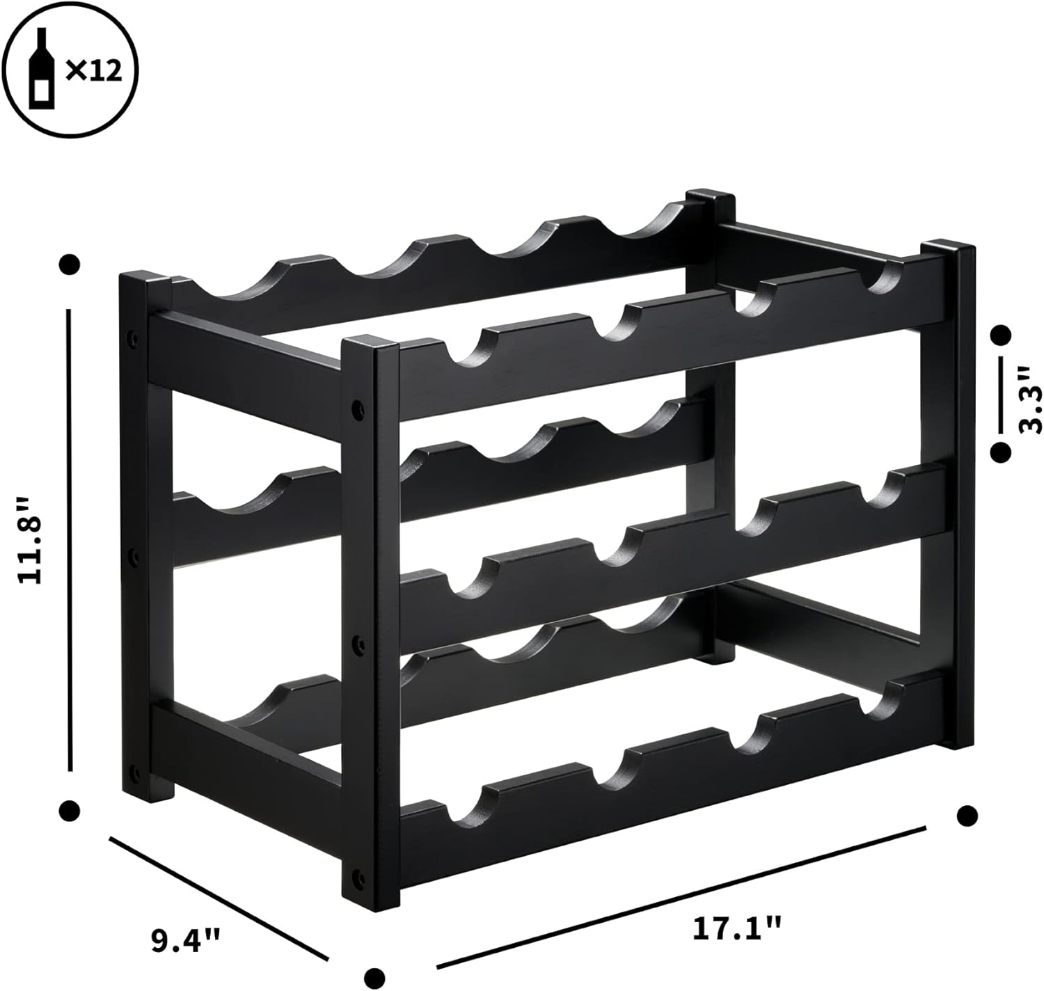VASMIA Bamboo Wine Rack, Sturdy and Durable Wine Storage Cabinet Shelf, Wine Racks Countertop for Pantry,Kitchen,3-Tier 12 Bottles Wine Rack Black - Image 6
