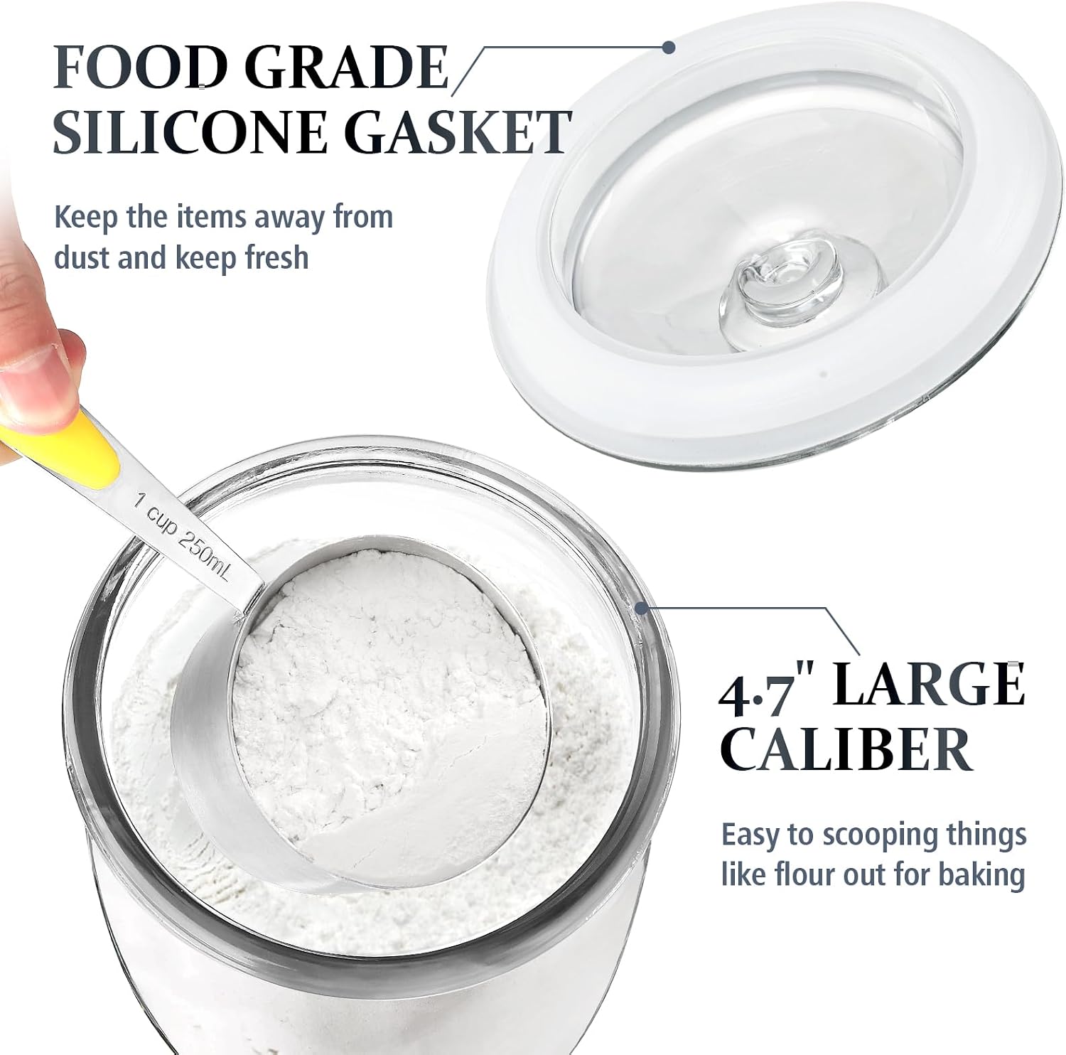 Folinstall Wide Mouth Glass Jar with Airtight Lid, 1/2 Gal Clear Container | 72oz Apothecary Jar for Cookie, Candy, Sugar, Flour, Sourdough Starter, Dog Food, Laundry Pods, Kitchen, Pantry, and Bathroom - Image 4